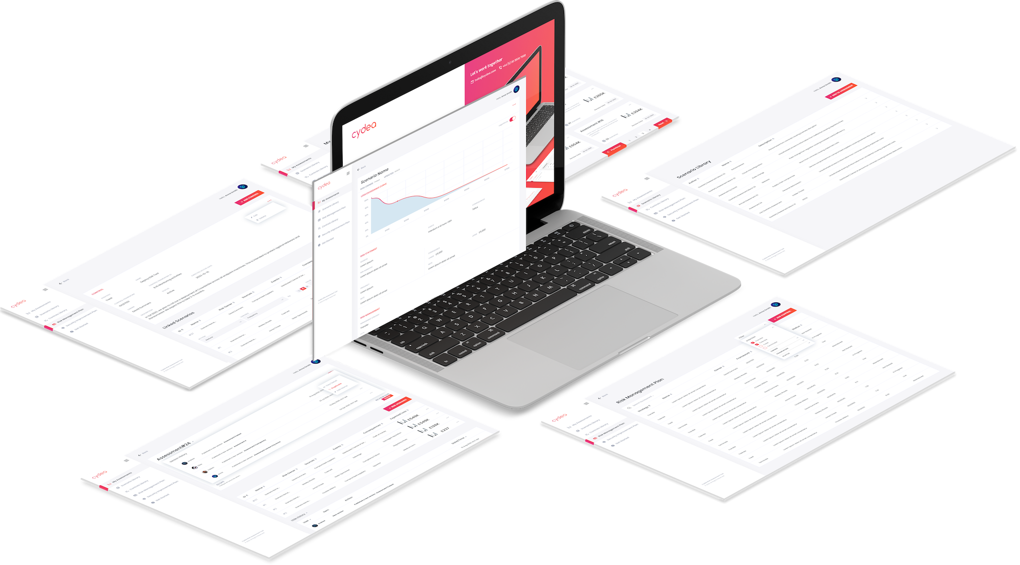 Screens from Cydea Risk Platform displayed in an isometric view